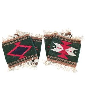 Handwoven on Foot Loom in Mexico 100% Wool Geometric Pattern Set of 4 Coasters